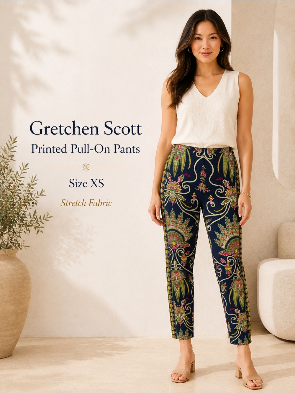 Gretchen Scott Gripeless Pull-On Pants XS Navy Paisley Border Print Ankle